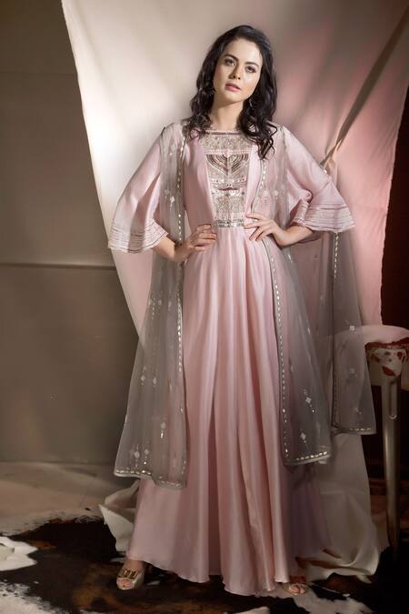Buy_Neha & Tarun_Pink Chanderi Embroidered Floral Round Anarkali With Cape Dupatta _Online_at_Aza_Fashions