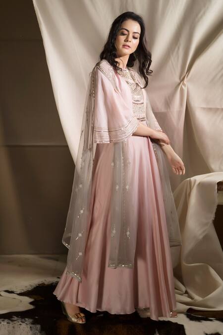Neha & Tarun_Pink Chanderi Embroidered Floral Round Anarkali With Cape Dupatta _Online_at_Aza_Fashions