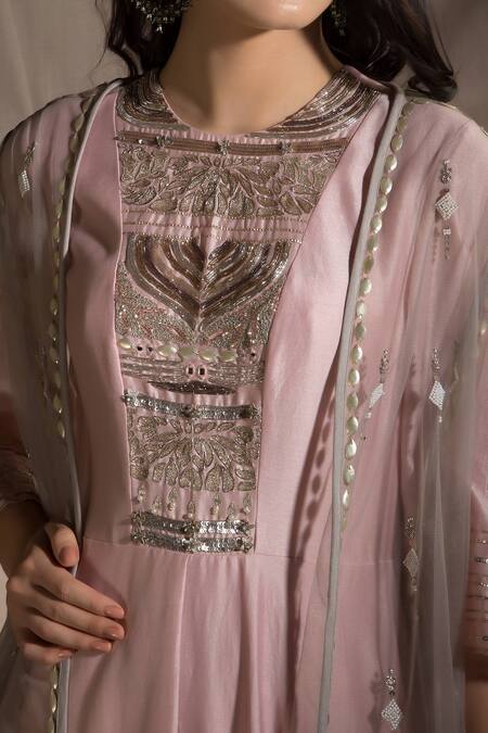 Shop_Neha & Tarun_Pink Chanderi Embroidered Floral Round Anarkali With Cape Dupatta _Online_at_Aza_Fashions