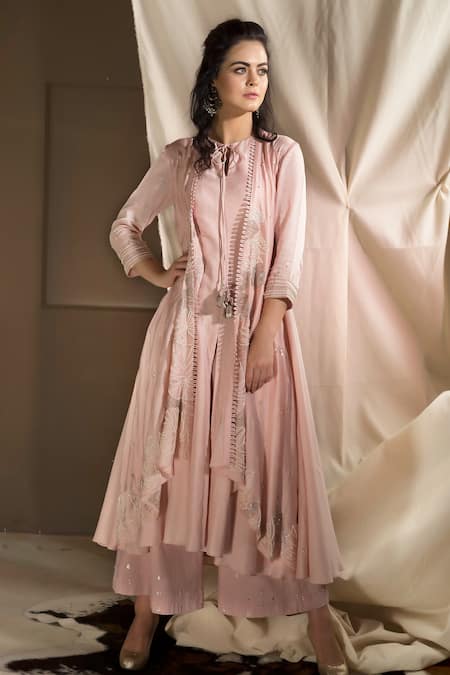 Buy_Neha & Tarun_Pink Silk Modal Embroidered Layered Jacket Kurta With Polka Dot Palazzo Pants _Online_at_Aza_Fashions