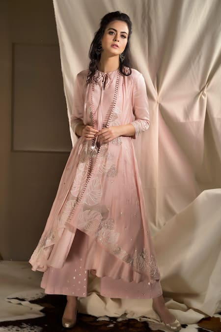 Beige Muslin Printed Straight Kurta Set With Hand Embroidery And Scallop  Palazzo at Soch