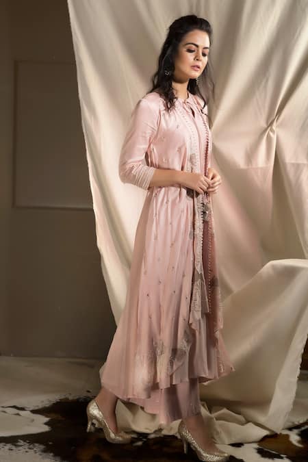 Neha & Tarun_Pink Silk Modal Embroidered Layered Jacket Kurta With Polka Dot Palazzo Pants _Online_at_Aza_Fashions