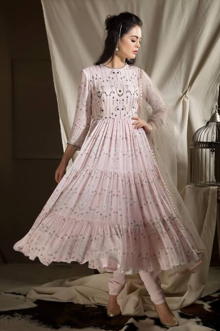 Neha & Tarun_Pink Silk Modal Round Printed Anarkali And Pant Set _Online_at_Aza_Fashions