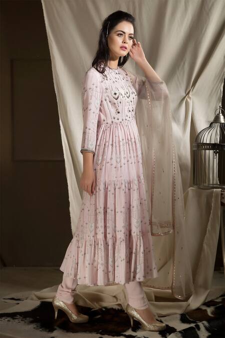 Buy_Neha & Tarun_Pink Silk Modal Round Printed Anarkali And Pant Set _Online_at_Aza_Fashions