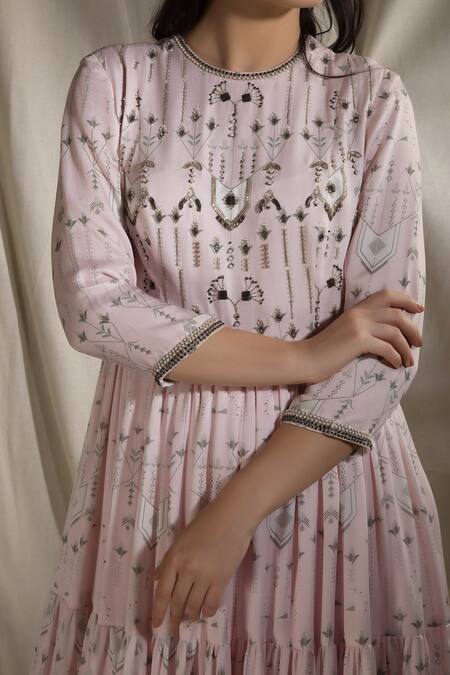 Shop_Neha & Tarun_Pink Silk Modal Round Printed Anarkali And Pant Set _Online_at_Aza_Fashions