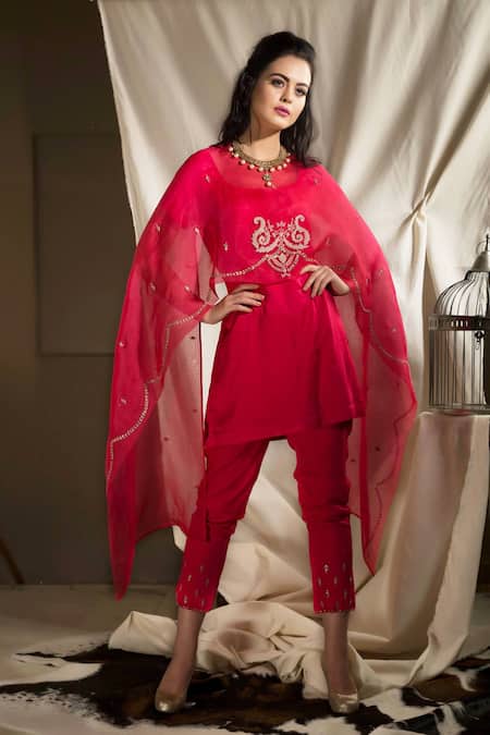 Buy_Neha & Tarun_Pink Silk Modal Embroidered Floral Round Kurta Set With Cape Dupatta _Online_at_Aza_Fashions