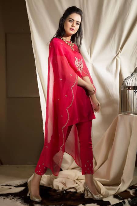 Neha & Tarun_Pink Silk Modal Embroidered Floral Round Kurta Set With Cape Dupatta _Online_at_Aza_Fashions