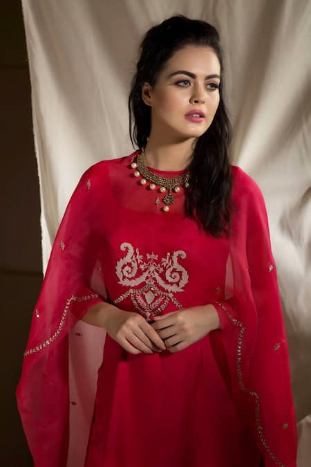 Shop_Neha & Tarun_Pink Silk Modal Embroidered Floral Round Kurta Set With Cape Dupatta _Online_at_Aza_Fashions