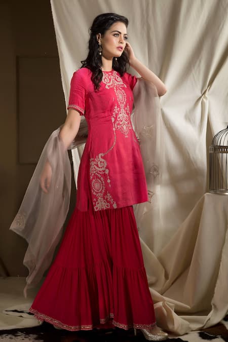 Buy Neha & Tarun Pink Bemberg Linen Stripes Embroidered Floral Kurta With Sharara Pants And Dupatta Online at Aza Fashions Buy_Neha & Tarun_Pink Bemberg Linen Stripes Embroidered Floral Kurta With Sharara Pants And Dupatta _Online_at_Aza_Fashions
