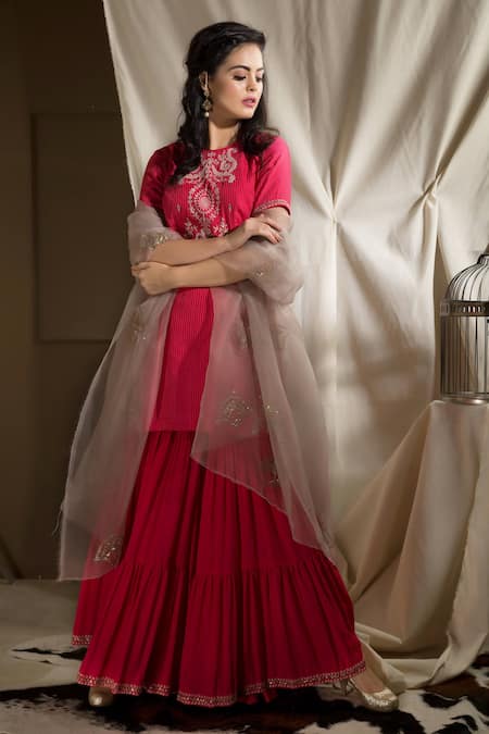 Neha & Tarun Pink Bemberg Linen Stripes Embroidered Floral Kurta With Sharara Pants And Dupatta Online at Aza Fashions Neha & Tarun_Pink Bemberg Linen Stripes Embroidered Floral Kurta With Sharara Pants And Dupatta _Online_at_Aza_Fashions