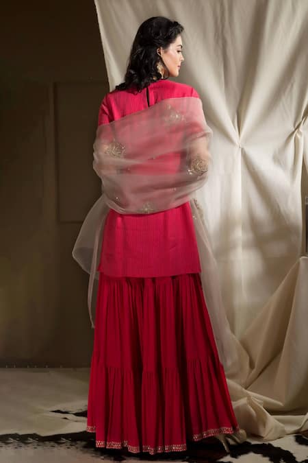 Shop Neha & Tarun Pink Bemberg Linen Stripes Embroidered Floral Kurta With Sharara Pants And Dupatta at Aza Fashions Shop_Neha & Tarun_Pink Bemberg Linen Stripes Embroidered Floral Kurta With Sharara Pants And Dupatta _at_Aza_Fashions