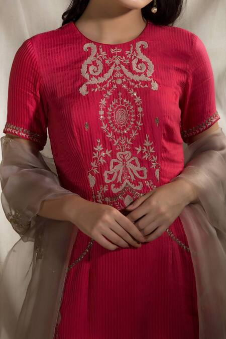 Shop Neha & Tarun Pink Bemberg Linen Stripes Embroidered Floral Kurta With Sharara Pants And Dupatta Online at Aza Fashions Shop_Neha & Tarun_Pink Bemberg Linen Stripes Embroidered Floral Kurta With Sharara Pants And Dupatta _Online_at_Aza_Fashions