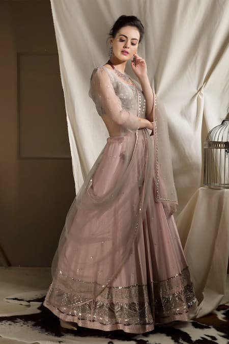 Buy Neha & Tarun Grey Silk Embroidered Floral Round Blouse With Lehenga And Dupatta Online at Aza Fashions Buy_Neha & Tarun_Grey Silk Embroidered Floral Round Blouse With Lehenga And Dupatta _Online_at_Aza_Fashions