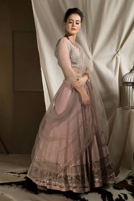 Neha & Tarun Grey Silk Embroidered Floral Round Blouse With Lehenga And Dupatta Online at Aza Fashions Neha & Tarun_Grey Silk Embroidered Floral Round Blouse With Lehenga And Dupatta _Online_at_Aza_Fashions