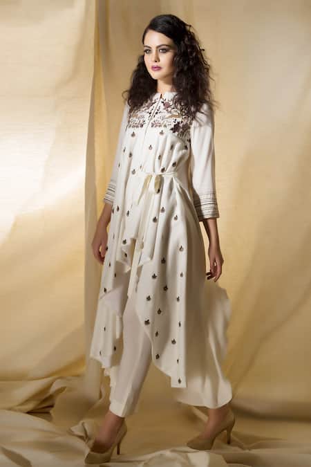 Shop Neha & Tarun Off White Reyon Moss Embroidered Floral Round Side Knot Kurta With Pencil Pants at Aza Fashions Shop_Neha & Tarun_Off White Reyon Moss Embroidered Floral Round Side Knot Kurta With Pencil Pants _at_Aza_Fashions