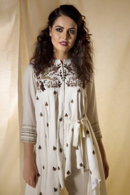 Neha & Tarun Off White Reyon Moss Embroidered Floral Round Side Knot Kurta With Pencil Pants Online at Aza Fashions Neha & Tarun_Off White Reyon Moss Embroidered Floral Round Side Knot Kurta With Pencil Pants _Online_at_Aza_Fashions