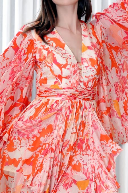 Mandira Wirk_Orange Organza, Chiffon, Brocade V-neck Multi Color Flared Sleeve Printed Dress _Online_at_Aza_Fashions