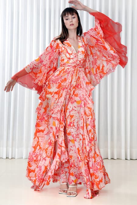 Buy_Mandira Wirk_Orange Organza, Chiffon, Brocade V-neck Multi Color Flared Sleeve Printed Dress _Online_at_Aza_Fashions