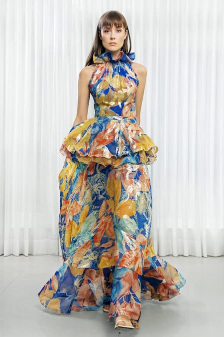 Buy Mandira Wirk Resort Multi Color Polyester, Brocade Halter Neck Hawaii Print Gown Online at Aza Fashions Buy_Mandira Wirk Resort_Multi Color Polyester, Brocade Halter Neck Hawaii Print Gown _Online_at_Aza_Fashions