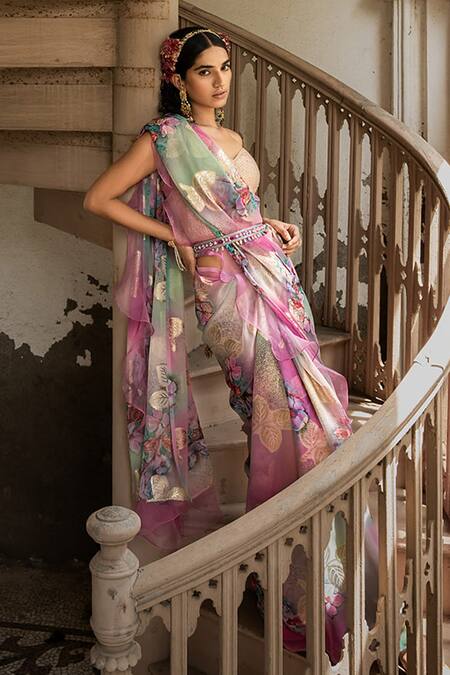 Buy_Amrin Khan_Purple Georgette Print And Embroidery Floral Ruffle Saree With Blouse  _Online_at_Aza_Fashions