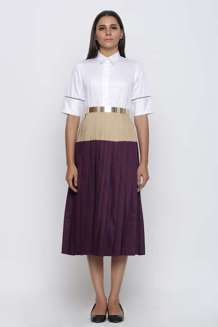 Escape By Aishwarya Purple Cotton Satin Shawl Neck Pleated Colorblock Midi Dress Online at Aza Fashions Escape By Aishwarya_Purple Cotton Satin Shawl Neck Pleated Colorblock Midi Dress _Online_at_Aza_Fashions