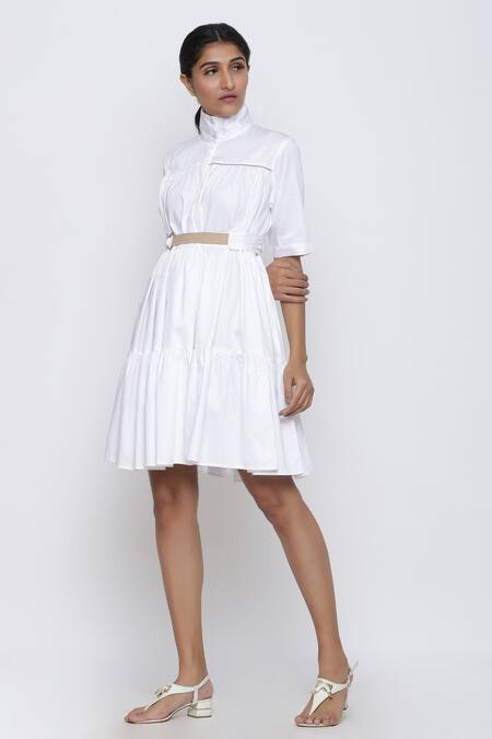 Buy_Escape By Aishwarya_White Cotton Satin High Neck Gathered Dress With Belt _Online_at_Aza_Fashions