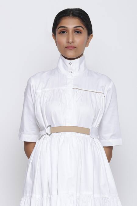 Shop_Escape By Aishwarya_White Cotton Satin High Neck Gathered Dress With Belt _Online_at_Aza_Fashions
