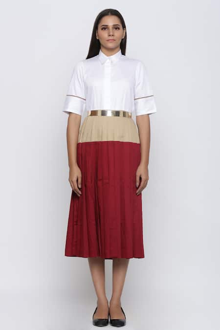 Escape By Aishwarya_Maroon Cotton Satin Shawl Neck Colorblock Pleated Summer Dress _Online_at_Aza_Fashions