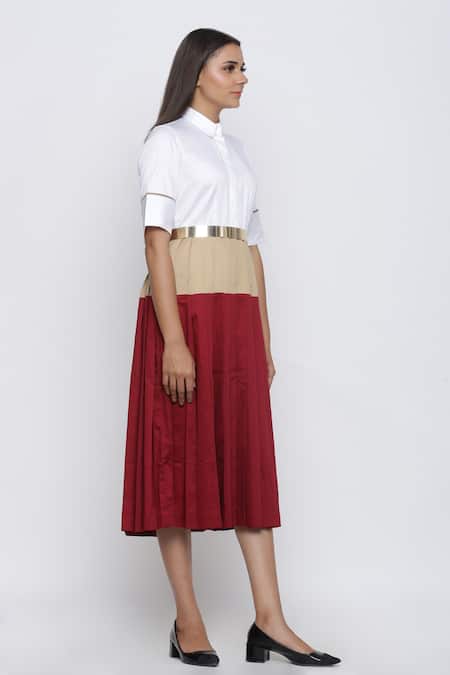 Buy_Escape By Aishwarya_Maroon Cotton Satin Shawl Neck Colorblock Pleated Summer Dress _Online_at_Aza_Fashions