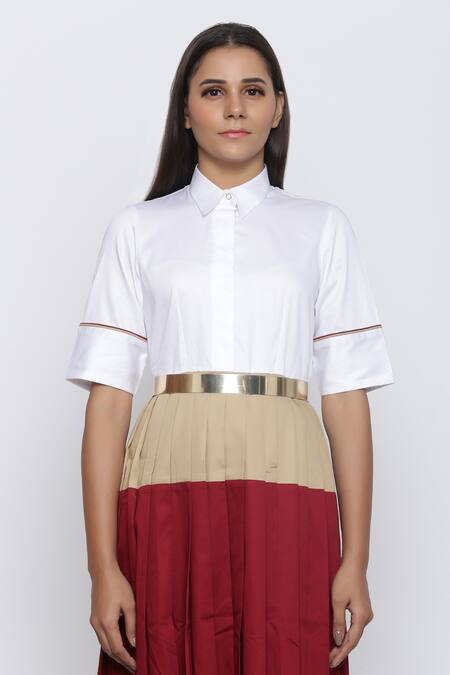 Shop_Escape By Aishwarya_Maroon Cotton Satin Shawl Neck Colorblock Pleated Summer Dress _Online_at_Aza_Fashions