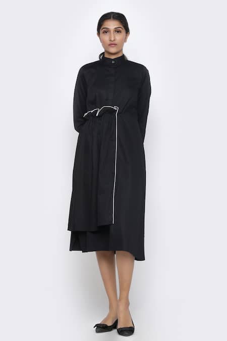 Escape By Aishwarya_Black Cotton Satin High Neck Frill Detail Midi Dress _Online_at_Aza_Fashions