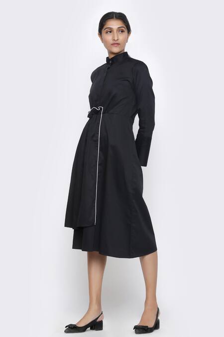 Buy_Escape By Aishwarya_Black Cotton Satin High Neck Frill Detail Midi Dress _Online_at_Aza_Fashions