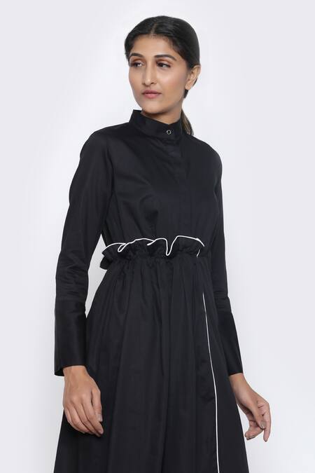 Shop_Escape By Aishwarya_Black Cotton Satin High Neck Frill Detail Midi Dress _Online_at_Aza_Fashions
