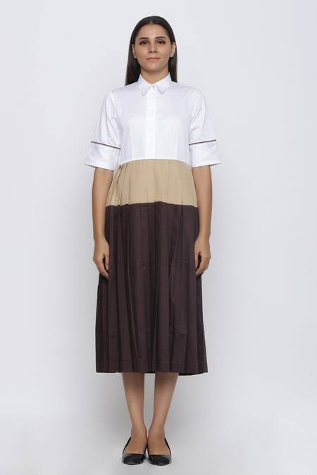 Escape By Aishwarya Brown Cotton Satin Colorblock Pleated Dress Online at Aza Fashions Escape By Aishwarya_Brown Cotton Satin Colorblock Pleated Dress _Online_at_Aza_Fashions