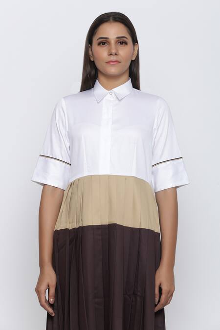 Buy Escape By Aishwarya Brown Cotton Satin Colorblock Pleated Dress Online at Aza Fashions Buy_Escape By Aishwarya_Brown Cotton Satin Colorblock Pleated Dress _Online_at_Aza_Fashions