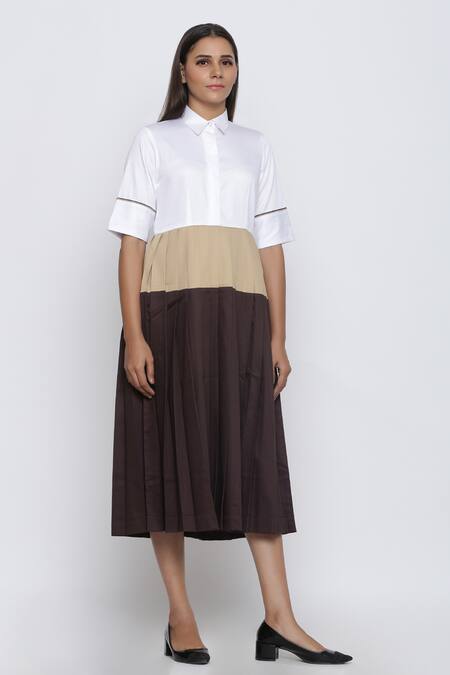 Shop Escape By Aishwarya Brown Cotton Satin Colorblock Pleated Dress Online at Aza Fashions Shop_Escape By Aishwarya_Brown Cotton Satin Colorblock Pleated Dress _Online_at_Aza_Fashions