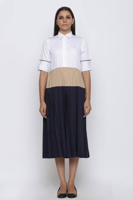 Escape By Aishwarya Blue Cotton Satin Shawl Neck Pleated Colorblock Dress Online at Aza Fashions Escape By Aishwarya_Blue Cotton Satin Shawl Neck Pleated Colorblock Dress _Online_at_Aza_Fashions