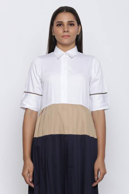 Buy Escape By Aishwarya Blue Cotton Satin Shawl Neck Pleated Colorblock Dress Online at Aza Fashions Buy_Escape By Aishwarya_Blue Cotton Satin Shawl Neck Pleated Colorblock Dress _Online_at_Aza_Fashions