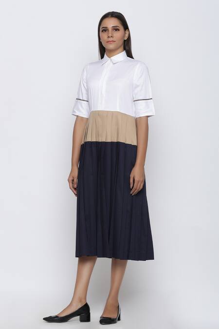 Shop Escape By Aishwarya Blue Cotton Satin Shawl Neck Pleated Colorblock Dress Online at Aza Fashions Shop_Escape By Aishwarya_Blue Cotton Satin Shawl Neck Pleated Colorblock Dress _Online_at_Aza_Fashions