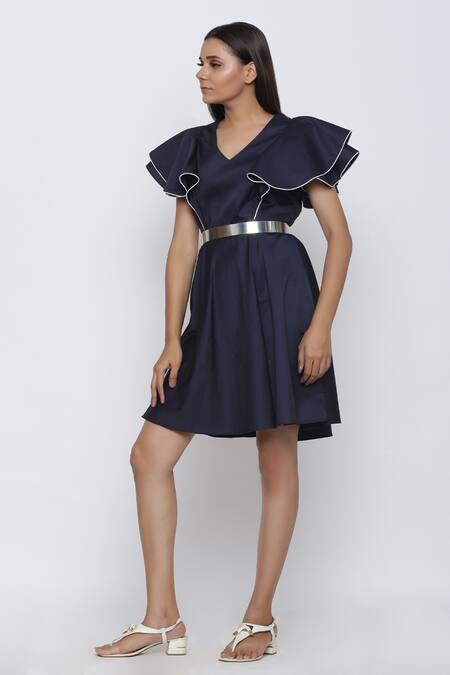 Escape By Aishwarya Blue Cotton Satin V-neck Circular Drama Flared Dress Online at Aza Fashions Escape By Aishwarya_Blue Cotton Satin V-neck Circular Drama Flared Dress _Online_at_Aza_Fashions