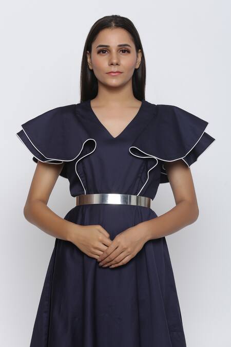Buy Escape By Aishwarya Blue Cotton Satin V-neck Circular Drama Flared Dress Online at Aza Fashions Buy_Escape By Aishwarya_Blue Cotton Satin V-neck Circular Drama Flared Dress _Online_at_Aza_Fashions