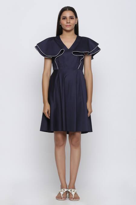 Shop Escape By Aishwarya Blue Cotton Satin V-neck Circular Drama Flared Dress Online at Aza Fashions Shop_Escape By Aishwarya_Blue Cotton Satin V-neck Circular Drama Flared Dress _Online_at_Aza_Fashions