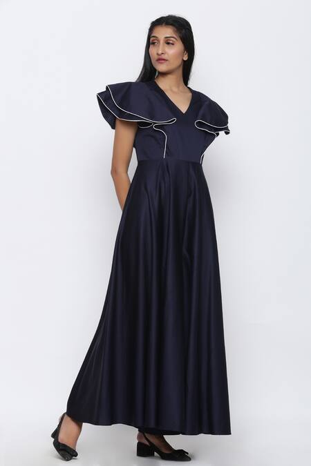 Buy_Escape By Aishwarya_Blue Cotton Satin V-neck Jumpsuit _Online_at_Aza_Fashions