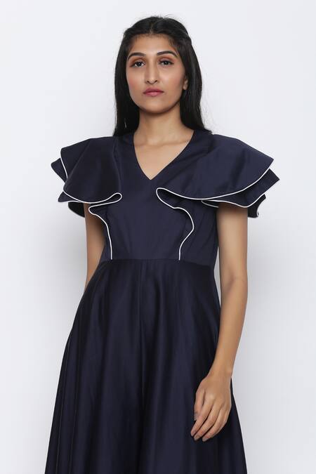 Shop_Escape By Aishwarya_Blue Cotton Satin V-neck Jumpsuit _Online_at_Aza_Fashions