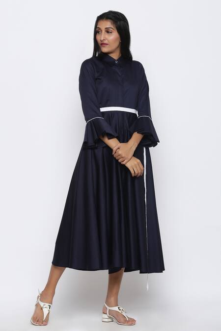 Escape By Aishwarya_Blue Cotton Satin Collared Jumpsuit _Online_at_Aza_Fashions