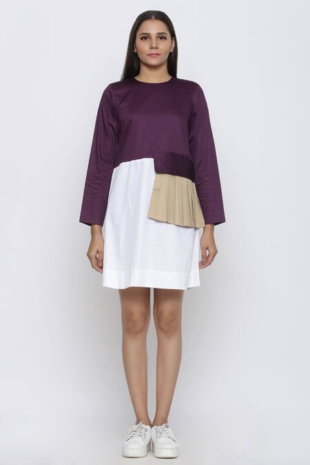 Escape By Aishwarya Purple Cotton Satin Round Neck Colorblock Dress Online at Aza Fashions Escape By Aishwarya_Purple Cotton Satin Round Neck Colorblock Dress _Online_at_Aza_Fashions