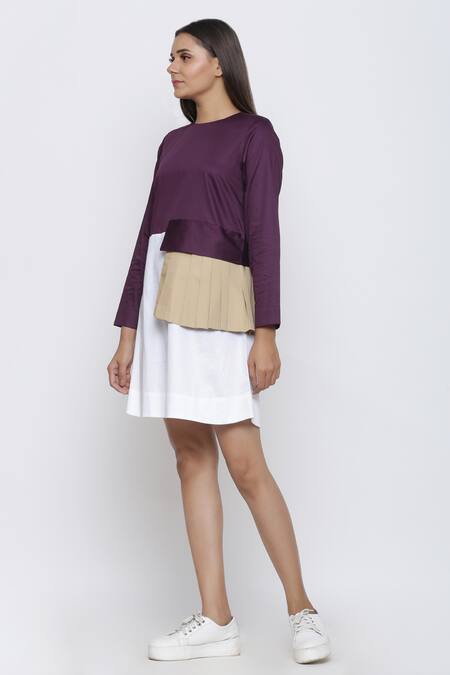 Buy Escape By Aishwarya Purple Cotton Satin Round Neck Colorblock Dress Online at Aza Fashions Buy_Escape By Aishwarya_Purple Cotton Satin Round Neck Colorblock Dress _Online_at_Aza_Fashions