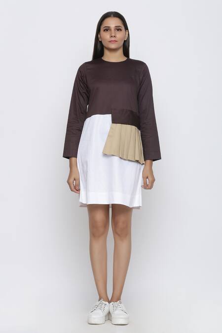 Escape By Aishwarya Brown Cotton Satin Round Neck Colorblock Pleated Patch Dress Online at Aza Fashions Escape By Aishwarya_Brown Cotton Satin Round Neck Colorblock Pleated Patch Dress _Online_at_Aza_Fashions