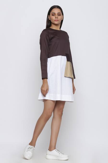 Buy Escape By Aishwarya Brown Cotton Satin Round Neck Colorblock Pleated Patch Dress Online at Aza Fashions Buy_Escape By Aishwarya_Brown Cotton Satin Round Neck Colorblock Pleated Patch Dress _Online_at_Aza_Fashions