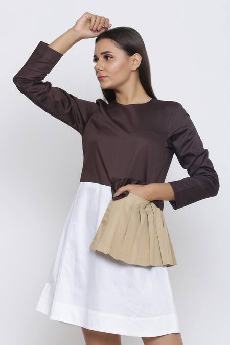 Shop Escape By Aishwarya Brown Cotton Satin Round Neck Colorblock Pleated Patch Dress Online at Aza Fashions Shop_Escape By Aishwarya_Brown Cotton Satin Round Neck Colorblock Pleated Patch Dress _Online_at_Aza_Fashions